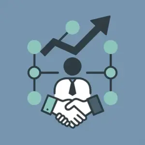 Flat illustration of business management. Central leader figure with upward arrow, surrounded by interconnected nodes symbolizing strategic coordination.