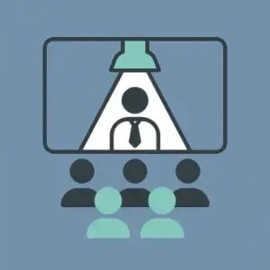 Flat illustration of event management. Central presenter under spotlight on stage, with layered audience circles symbolizing engagement and coordination.
