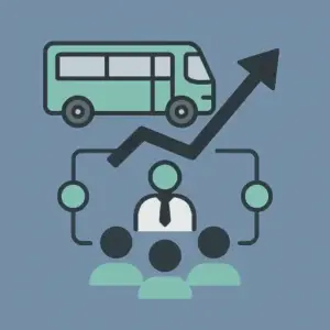 Flat illustration of group travel management, green bus above connected circles and upward arrow, symbolizing coordinated multi-person travel planning.