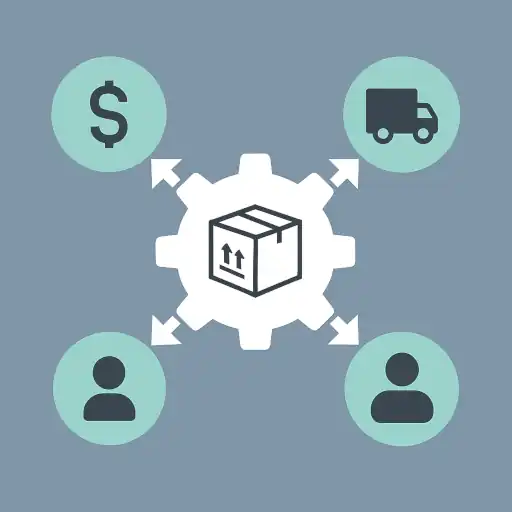 Gear with box linked to money, transport, and personnel—symbolizing flow and coordination in supply chain management.