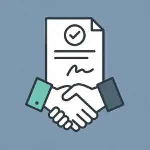 Flat illustration of vendor management. Central handshake beneath a signed contract, symbolizing strategic partnerships and procurement clarity.